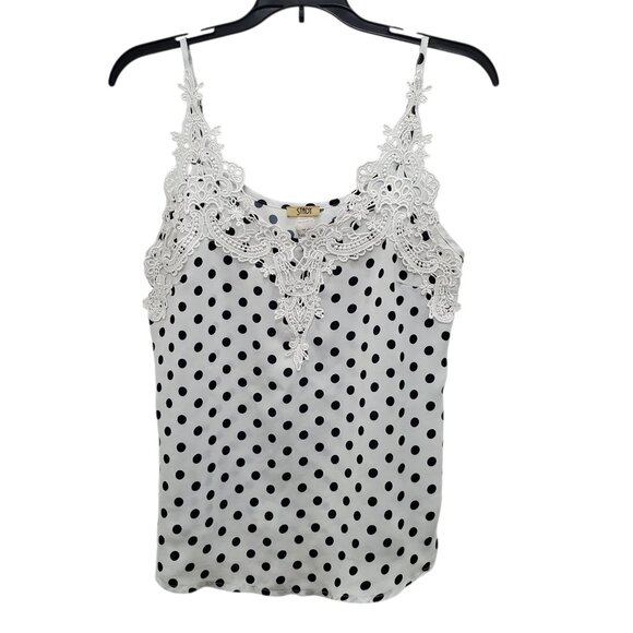 Stady Women's White‎ Black Polka Dot Print Lace Trim Cami Shell Camisole Size M - Picture 1 of 5